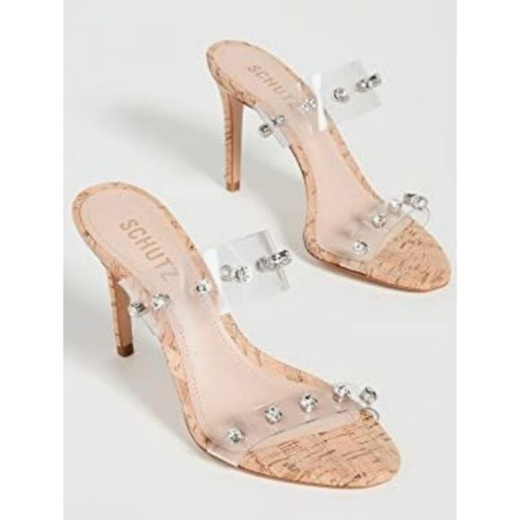 Schutz Ariella Crystal Band Cork Heel Sandal Transparte Size 6 Neiman Marcus - Picture 1 of 10